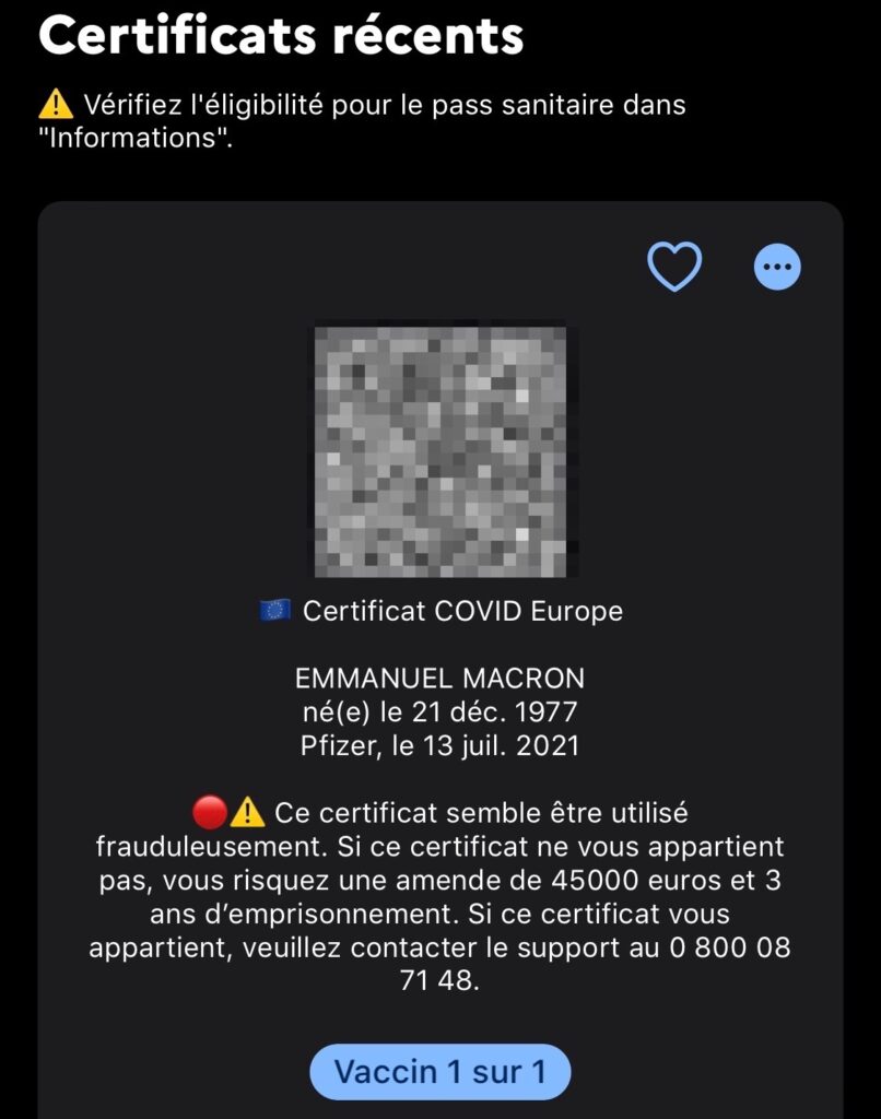 Ce qu'il s'affiche désormais lorsque l'on scanne le QR code du pass sanitaire d'Emmanuel Macron // Source : Capture d'écran Numerama Ce qu'il s'affiche désormais lorsque l'on scanne le QR code du pass sanitaire d'Emmanuel Macron // Source : Capture d'écran Numerama