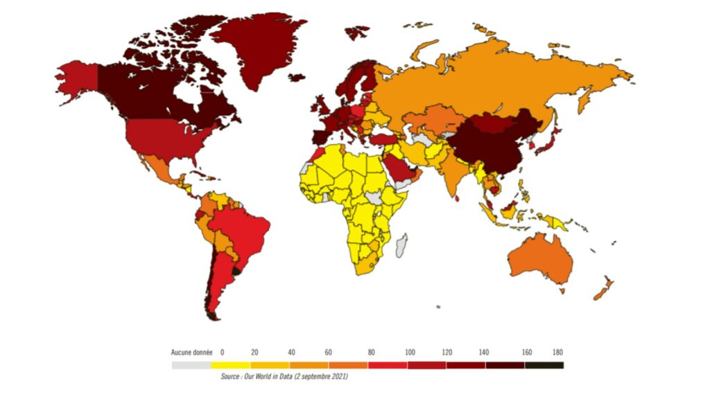 Carte mondiale du taux de vaccination début septembre 2021. // Source : OurWorlInData/Amnesty Carte mondiale du taux de vaccination début septembre 2021. // Source : OurWorlInData/Amnesty