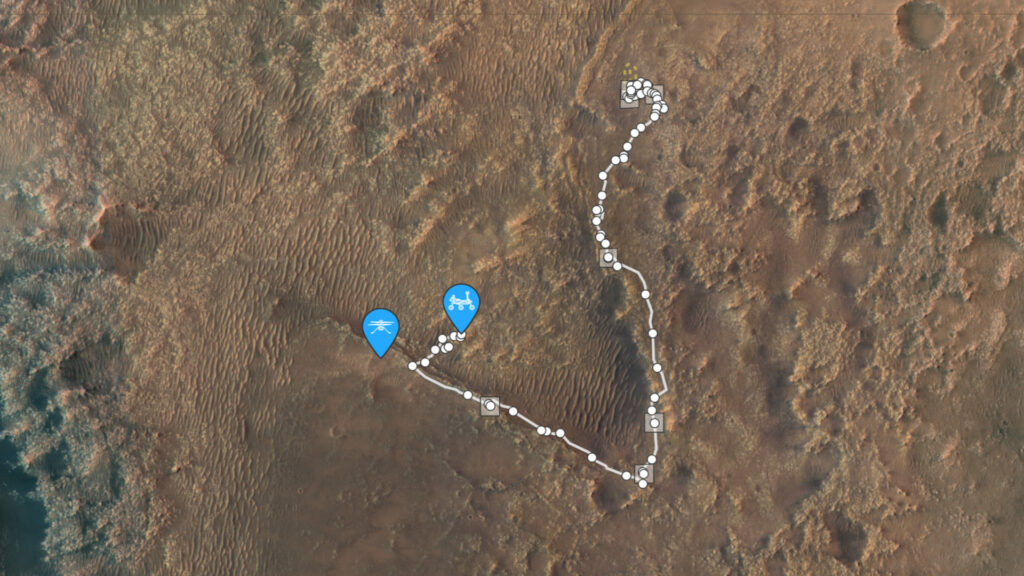 Trajectoire de Perseverance et Ingenuity sur Mars. // Source : Capture d'écran Nasa Trajectoire de Perseverance et Ingenuity sur Mars. // Source : Capture d'écran Nasa