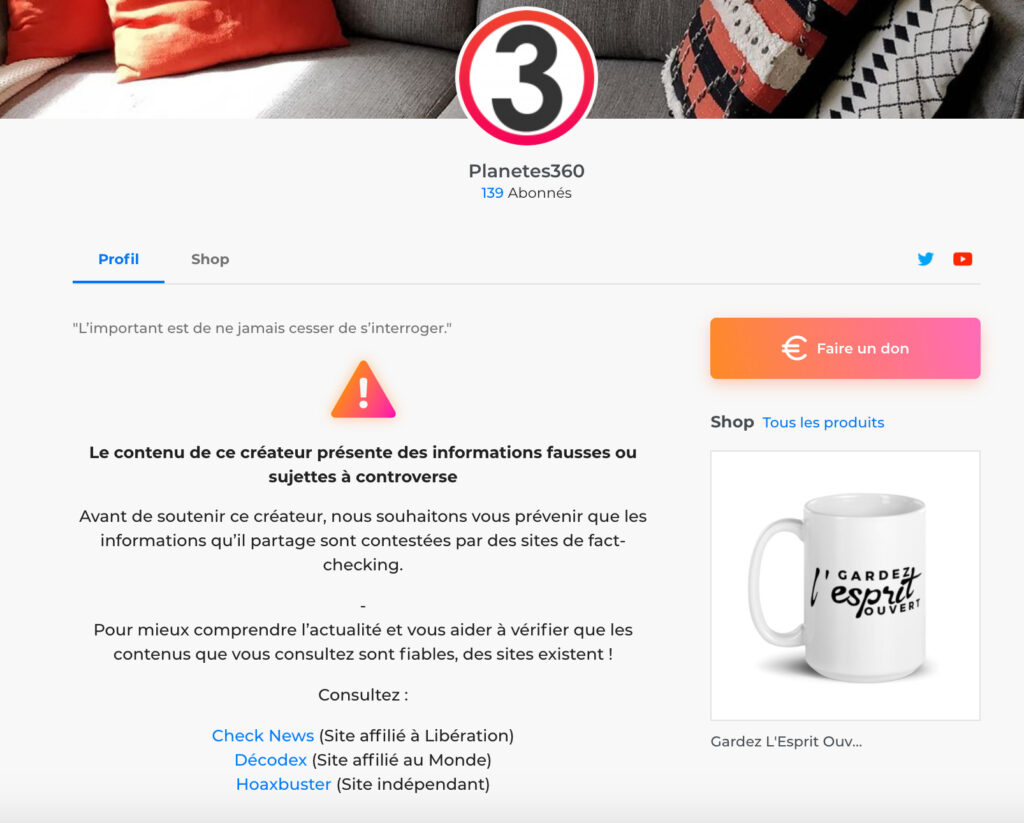 La page de Planete360 La page de Planete360