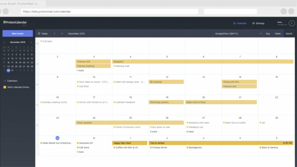 La vue web de Proton Calendar La vue web de Proton Calendar