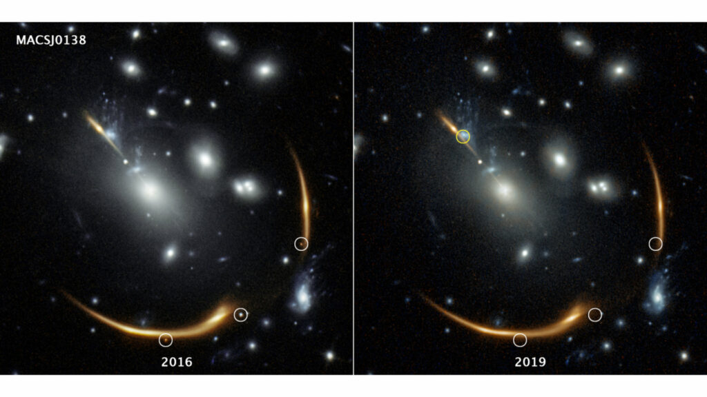 Trois vues de la supernova apparaissent dans l'image de gauche (2016). Elles ne sont plus visibles dans l'image de droite (2019). // Source : IMAGE PROCESSING: Joseph DePasquale (STScI) Trois vues de la supernova apparaissent dans l'image de gauche (2016). Elles ne sont plus visibles dans l'image de droite (2019). // Source : IMAGE PROCESSING: Joseph DePasquale (STScI)