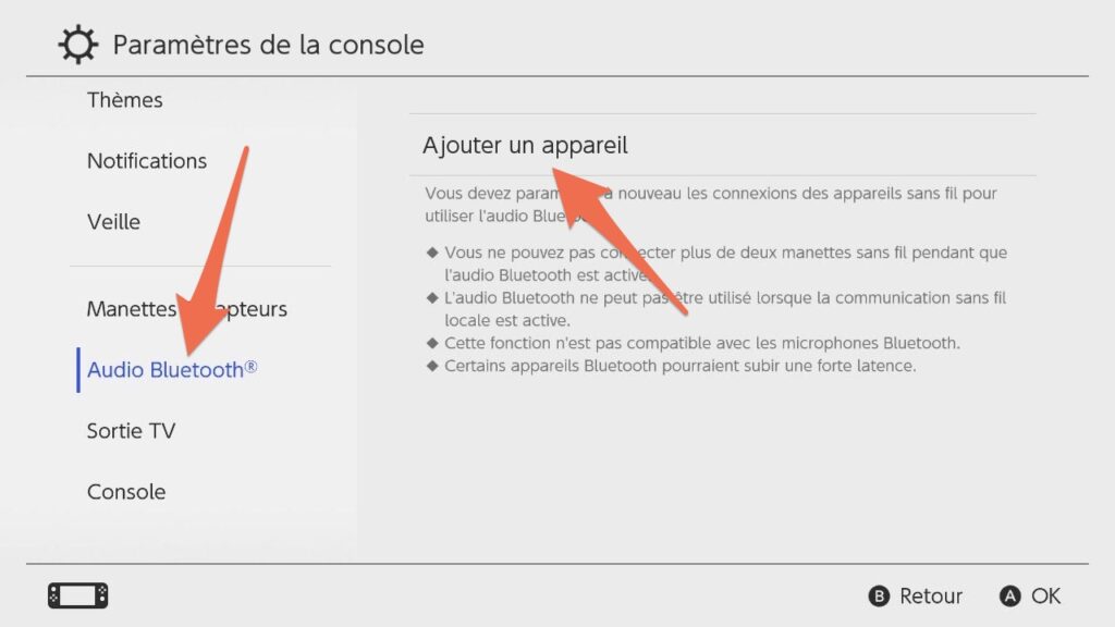 La marche à suivre pour appairer des écouteurs Bluetooth sur sa Switch // Source : Capture d'écran La marche à suivre pour appairer des écouteurs Bluetooth sur sa Switch // Source : Capture d'écran