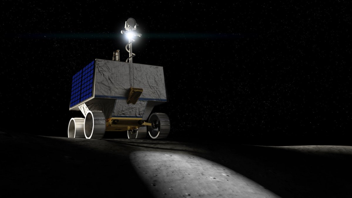 Vue d'artiste de VIPER sur la Lune. // Source : NASA Ames/Daniel Rutter (image recadrée) Vue d'artiste de VIPER sur la Lune. // Source : NASA Ames/Daniel Rutter (image recadrée)