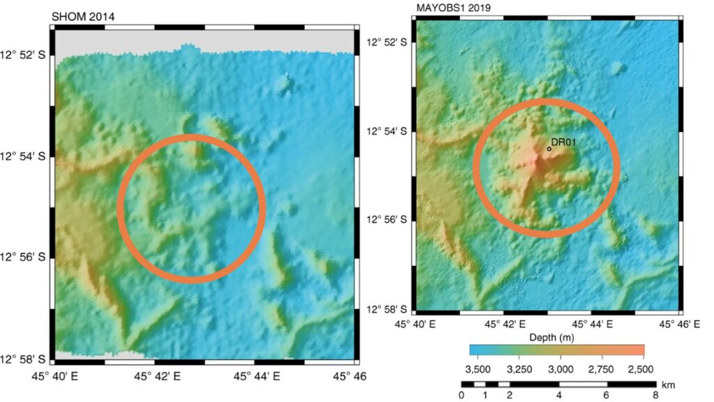 Avant (2014) à gauche, puis après (2019) à droite. On voit clairement la surélévation que forme le nouveau volcan. // Source : Feuillet et al., Nature Geoscience, 2021 Avant (2014) à gauche, puis après (2019) à droite. On voit clairement la surélévation que forme le nouveau volcan. // Source : Feuillet et al., Nature Geoscience, 2021