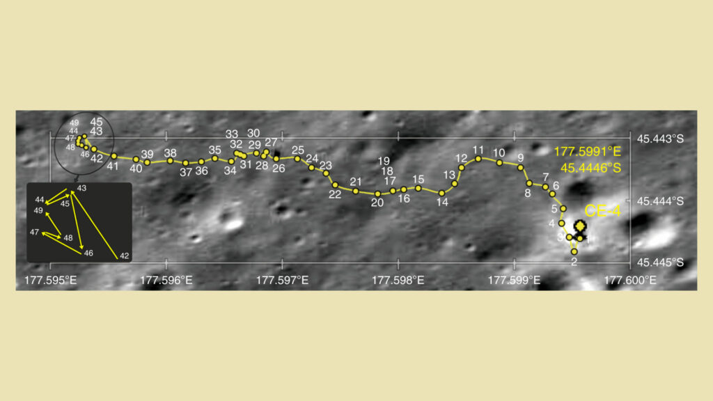 Trajectoire de Yutu 2 sur la Lune. // Source : Jialong Lai, Yi Xu, Roberto Bugiolacchi, Xu Meng, Long Xiao, Minggang Xie, Bin Liu, Kaichang Di, Xiaoping Zhang, Bin Zhou, Shaoxiang Shen & Luyuan Xu, NASA/GSFC/Arizona State University Trajectoire de Yutu 2 sur la Lune. // Source : Jialong Lai, Yi Xu, Roberto Bugiolacchi, Xu Meng, Long Xiao, Minggang Xie, Bin Liu, Kaichang Di, Xiaoping Zhang, Bin Zhou, Shaoxiang Shen & Luyuan Xu, NASA/GSFC/Arizona State University