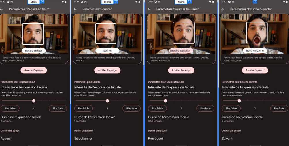 Une partie des déclencheurs utilisables via la fonctionnalité de détection faciale. // Source : Capture d'écran Numerama Une partie des déclencheurs utilisables via la fonctionnalité de détection faciale. // Source : Capture d'écran Numerama