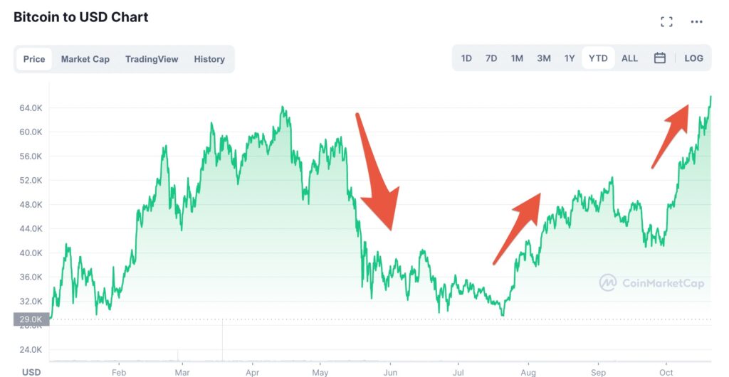Les fluctuations importantes du bitcoin cette année 2021 // Source : coinmarketcap Les fluctuations importantes du bitcoin cette année 2021 // Source : coinmarketcap
