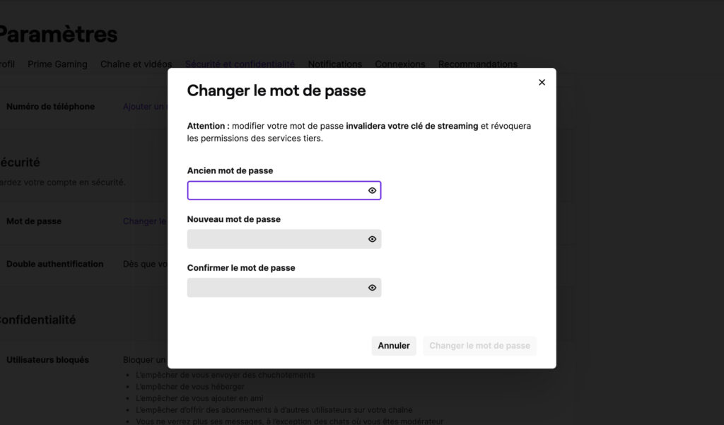 Le lien pour changer son mot de passe sur Twitch // Source : Twitch