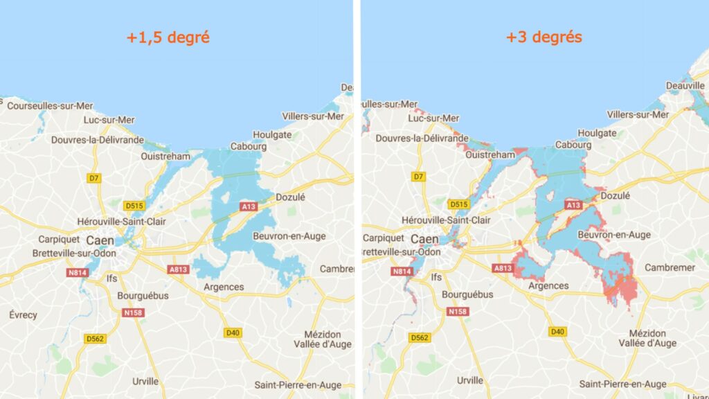 En rouge, à droite, la partie grignotée par les eaux. // Source : Climate Central (capture d'écran Numerama) En rouge, à droite, la partie grignotée par les eaux. // Source : Climate Central (capture d'écran Numerama)