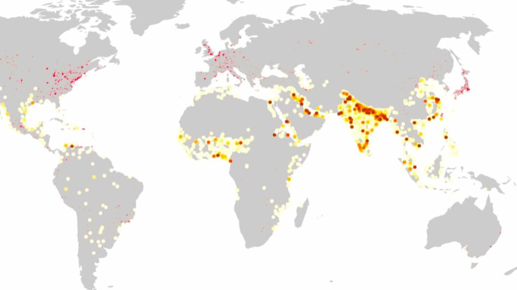 L'exposition de la population aux températures extrêmes a augmenté à cause du changement climatique et de l'exode rural. // Source : Tuholske et al., PNAS, 2021 L'exposition de la population aux températures extrêmes a augmenté à cause du changement climatique et de l'exode rural. // Source : Tuholske et al., PNAS, 2021