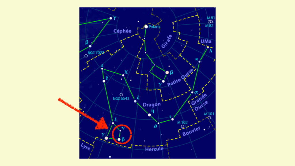 L'essaim semble émerger de la tête du Dragon. On trouve aisément cette constellation en dessous de la Grande Ourse. // Source : Wikimedia/CC/Orthogaffe, montage Numerama L'essaim semble émerger de la tête du Dragon. On trouve aisément cette constellation en dessous de la Grande Ourse. // Source : Wikimedia/CC/Orthogaffe, montage Numerama