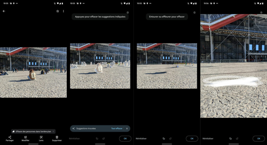 On peut voir que le tlépéhone efface toutes les personnes présentes sur la photo pour créer une photo type « paysage ». Seuls les ombres sont encore visibles // Source : Capture d'écran Numerama On peut voir que le tlépéhone efface toutes les personnes présentes sur la photo pour créer une photo type « paysage ». Seuls les ombres sont encore visibles // Source : Capture d'écran Numerama