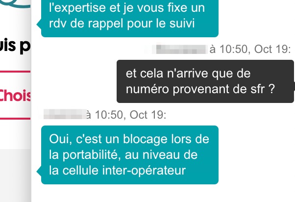 Capture d'écran du SAV de SFR le 19 octobre 2021 Capture d'écran du SAV de SFR le 19 octobre 2021