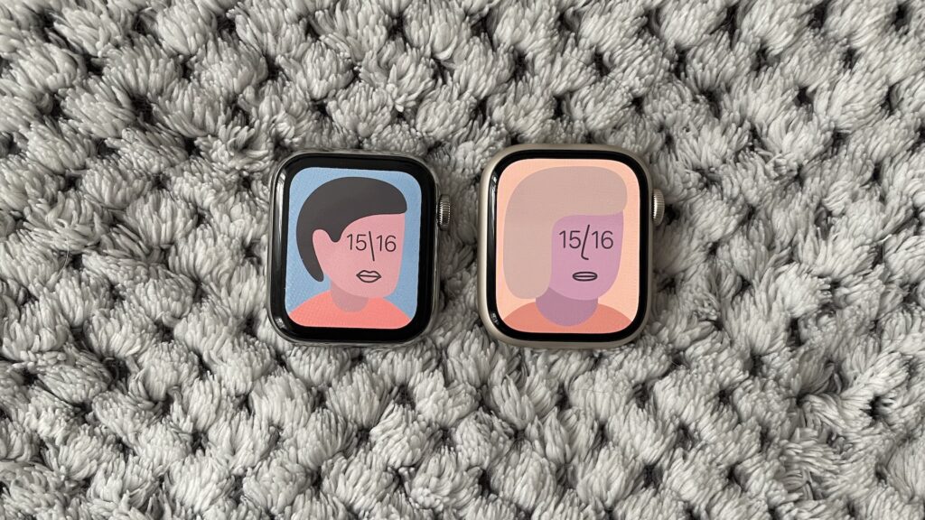 Apple Watch Series 6 (gauche) versus Apple Watch Series 7 (droite) // Source : Maxime Claudel pour Numerama Apple Watch Series 6 (gauche) versus Apple Watch Series 7 (droite) // Source : Maxime Claudel pour Numerama