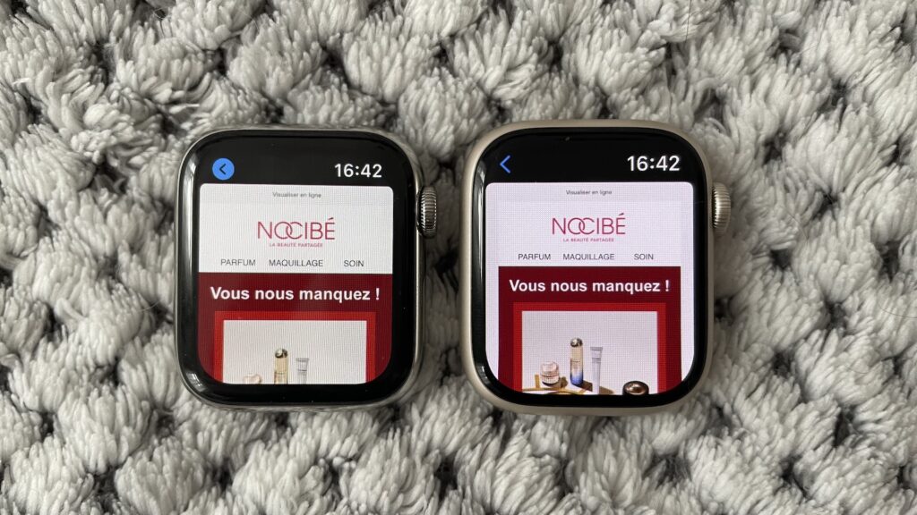 Mails sur Apple Watch Series 6 (gauche) versus Mails sur Apple Watch Series 7 (droite) // Source : Maxime Claudel pour Numerama Mails sur Apple Watch Series 6 (gauche) versus Mails sur Apple Watch Series 7 (droite) // Source : Maxime Claudel pour Numerama