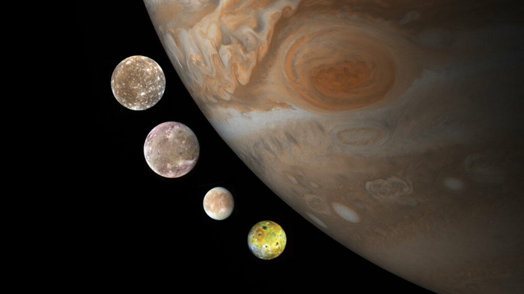 Jupiter et ses lunes Io, Europe, Ganymède et Callisto. // Source : Flickr/CC/Kevin Gill Jupiter et ses lunes Io, Europe, Ganymède et Callisto. // Source : Flickr/CC/Kevin Gill