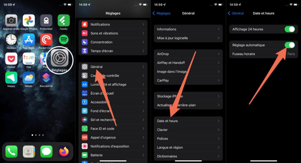 La marche à suivre pour s'assurer que votre iPhone changera bien d'heure tout seul // Source : Capture d'écran Numerama La marche à suivre pour s'assurer que votre iPhone changera bien d'heure tout seul // Source : Capture d'écran Numerama