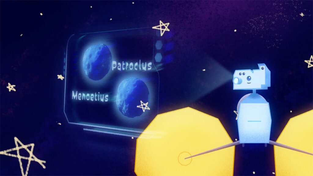 Lucy examinant des astéroïdes (illustration). // Source : NASA's Goddard Space Flight Center