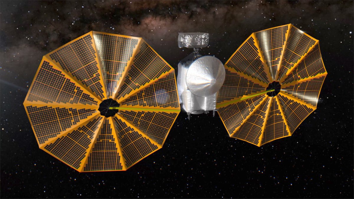 Vue d'artiste de Lucy avec ses panneaux solaires déployés. // Source : NASA's Goddard Space Flight Center Conceptual Image Lab Vue d'artiste de Lucy avec ses panneaux solaires déployés. // Source : NASA's Goddard Space Flight Center Conceptual Image Lab