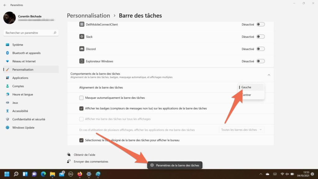 La marche à suivre pour remettre le menu Démarrer à gauche sur Windows 11 // Source : Capture d'écran La marche à suivre pour remettre le menu Démarrer à gauche sur Windows 11 // Source : Capture d'écran