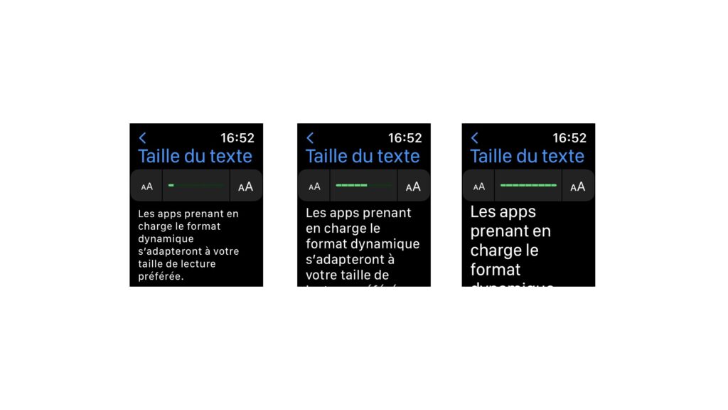 Les différentes tailles de texte de l'Apple Watch Series 7 // Source : Maxime Claudel pour Numerama Les différentes tailles de texte de l'Apple Watch Series 7 // Source : Maxime Claudel pour Numerama