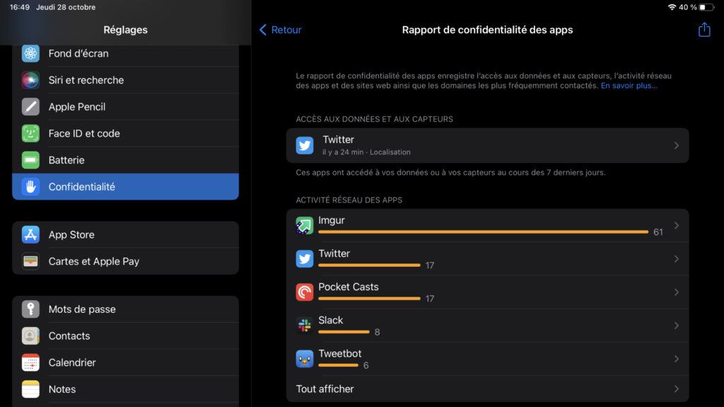 On peut voir dans le rapport de confidentialité, l'accès aux capteurs du télépone et le nombre de sites contacté par chaque app // Source : Capture Numerama On peut voir dans le rapport de confidentialité, l'accès aux capteurs du télépone et le nombre de sites contacté par chaque app // Source : Capture Numerama