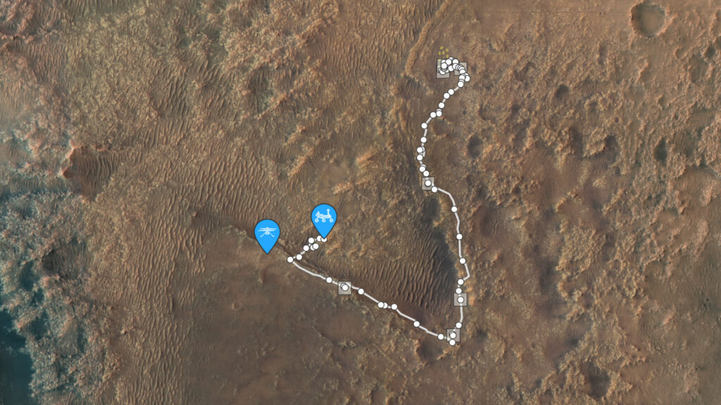 Position de Perseverance et d'Ingenuity sur Mars. // Source : Capture d'écran Nasa Position de Perseverance et d'Ingenuity sur Mars. // Source : Capture d'écran Nasa