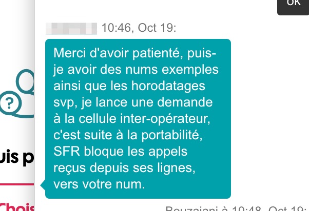 Capture d'écran du SAV de SFR le 19 octobre 2021 Capture d'écran du SAV de SFR le 19 octobre 2021