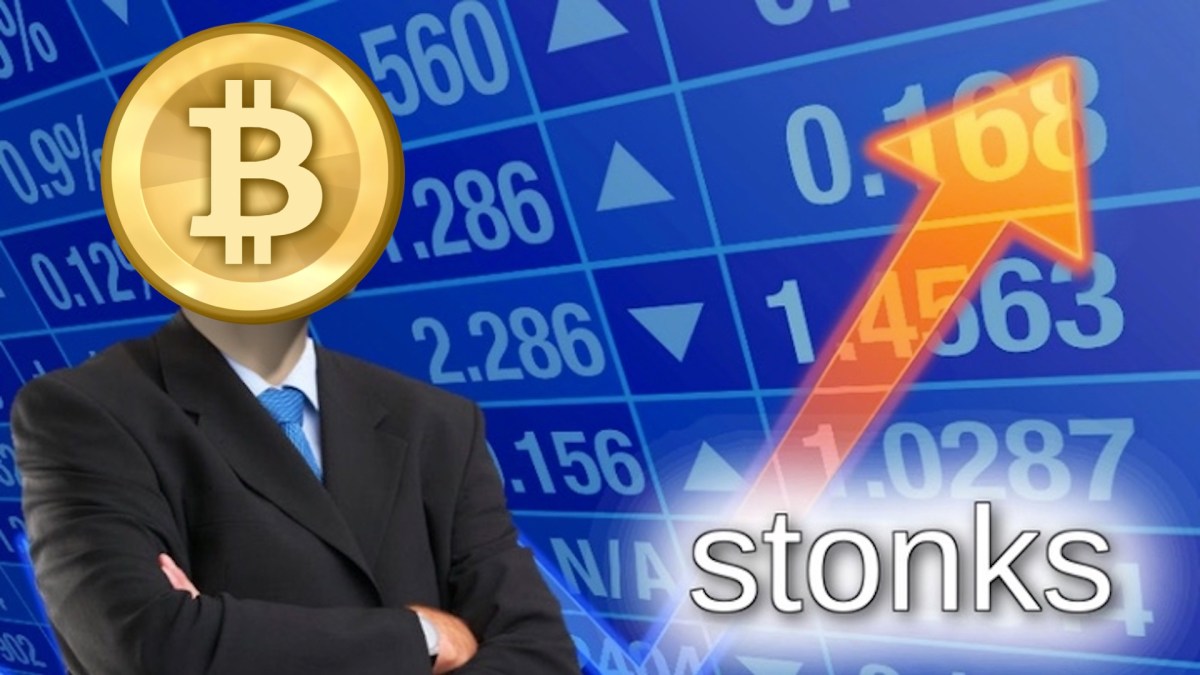 Un mème stonks mêlé à une représentation du bitcoin // Source : Montage Numerama Un mème stonks mêlé à une représentation du bitcoin // Source : Montage Numerama