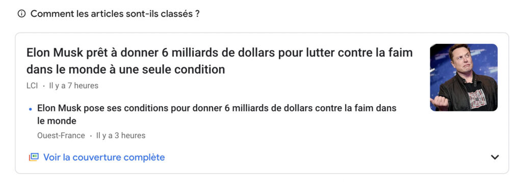Le sujet sur Google News, en France // Source : Capture d'écran Numerama Le sujet sur Google News, en France // Source : Capture d'écran Numerama