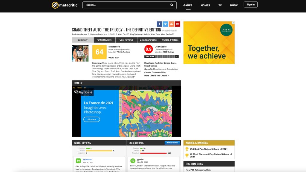 La trilogie GTA est incendiée sur Metacritic // Source : Capture d'écran