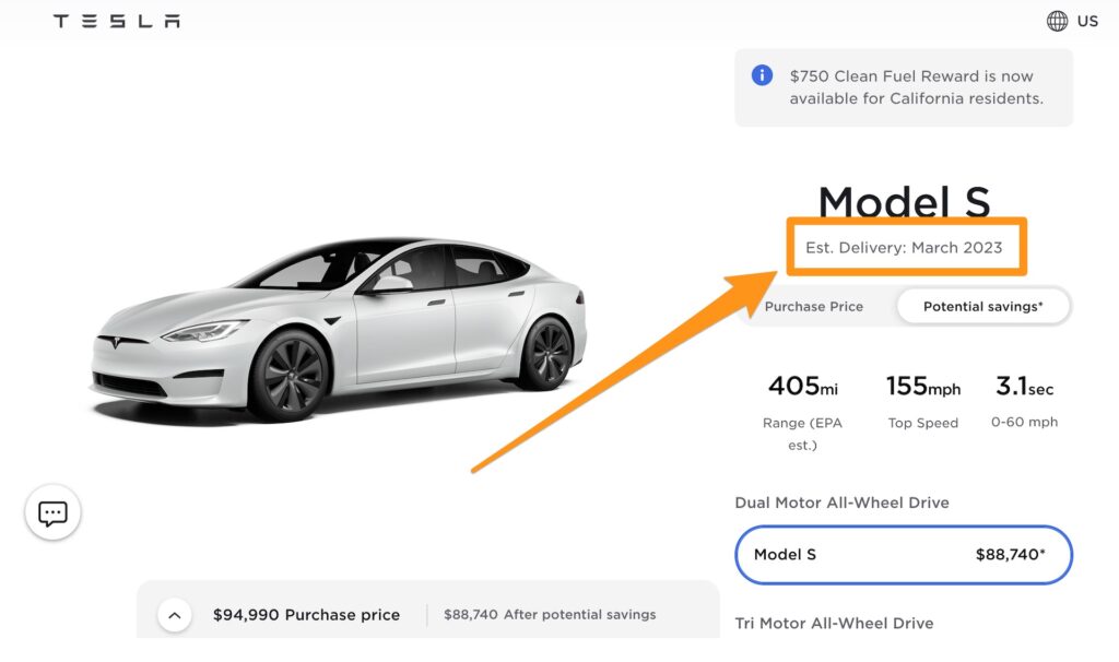 La Tesla Model S repoussée à mars 2023 // Source : Capture d'écran La Tesla Model S repoussée à mars 2023 // Source : Capture d'écran