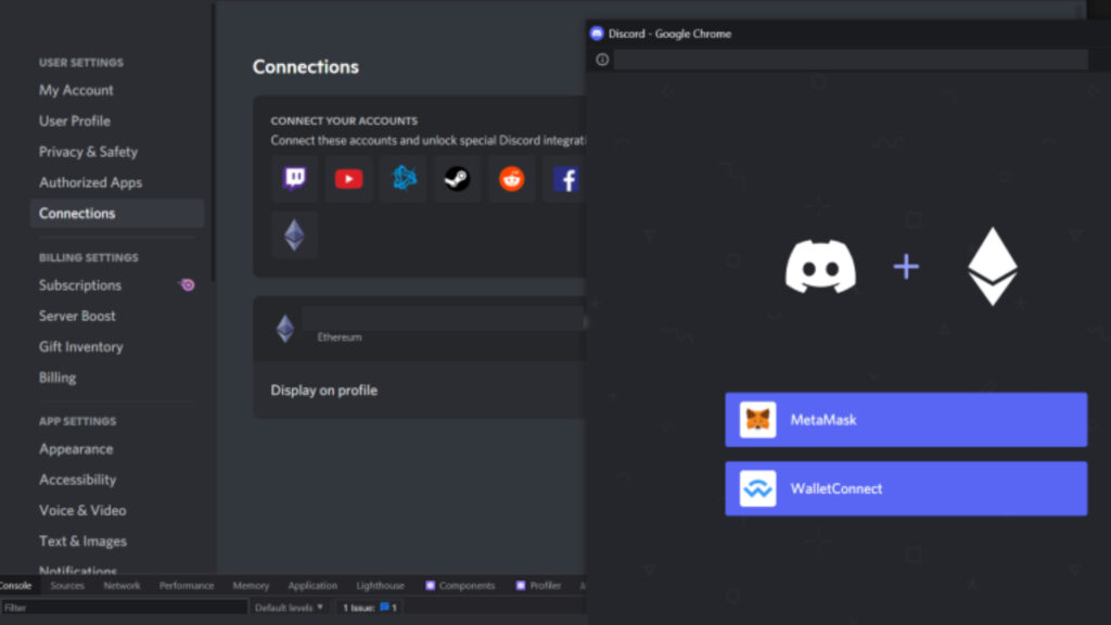 La capture d'écran partagée par Jason Citron, et sur laquelle on peut voir le logo d'Ethereum et de deux cryptowallet // Source : Jason Citron / Twitter