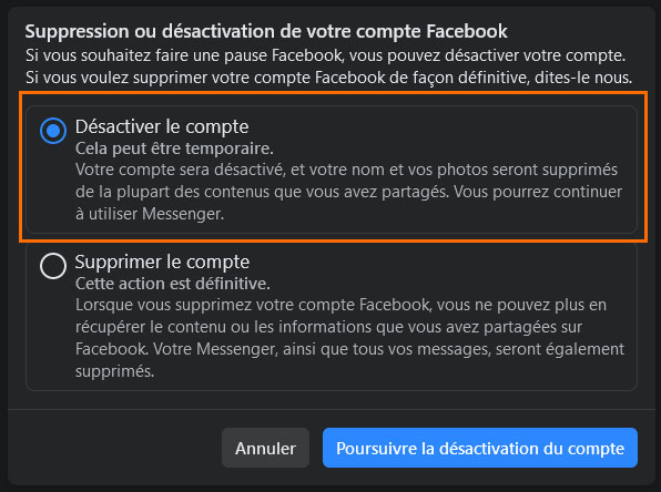 Facebook désactivation Facebook désactivation