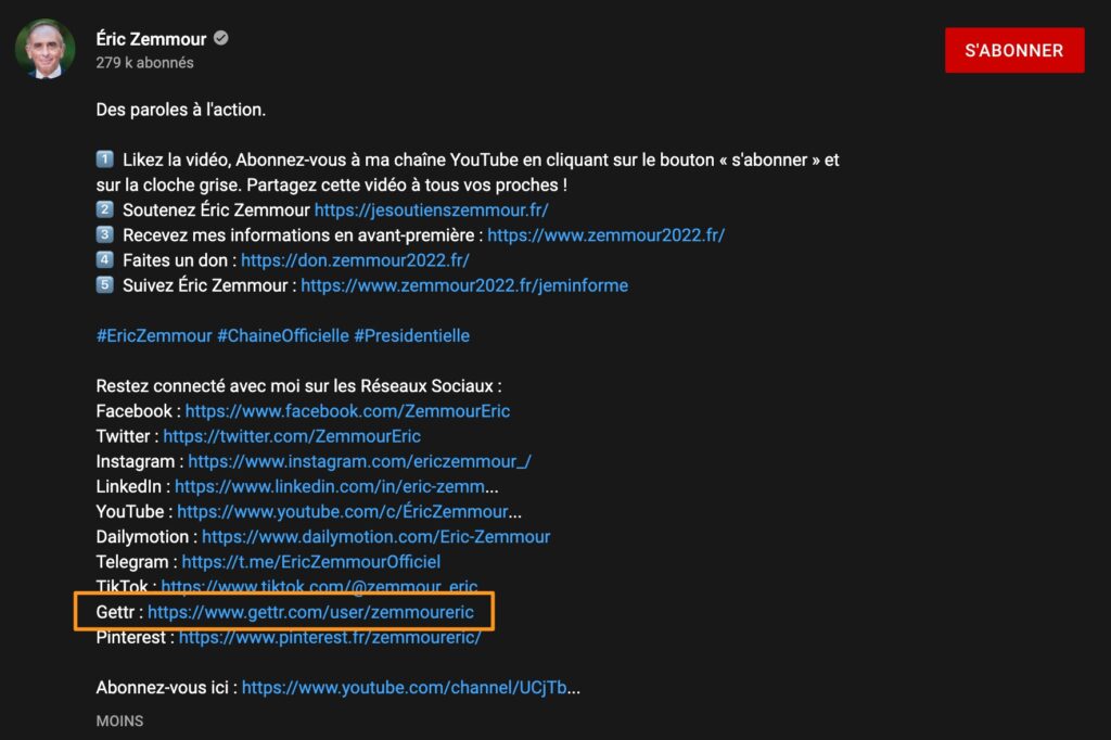 Éric Zemmour est inscrit sur Gettr // Source : Éric Zemmour / YouTube Éric Zemmour est inscrit sur Gettr // Source : Éric Zemmour / YouTube