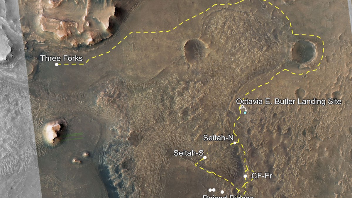 Itinéraire de Perseverance sur Mars. Ingenuity devra suivre le rover jusqu'au delta // Source : Nasa Itinéraire de Perseverance sur Mars. Ingenuity devra suivre le rover jusqu'au delta // Source : Nasa