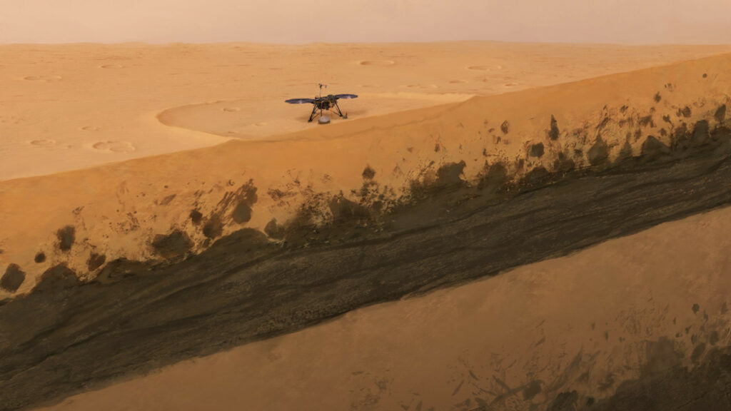 Vue d'artiste du sous-sol de Mars sous InSight. // Source : ETH Zurich / Géraldine Zenhäusern (image recadrée) Vue d'artiste du sous-sol de Mars sous InSight. // Source : ETH Zurich / Géraldine Zenhäusern (image recadrée)