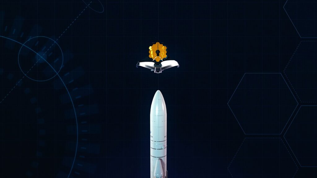 Représentation du JWST et de la fusée Ariane qui doit le lancer dans l'espace. // Source : NASA's Goddard Space Flight Center Représentation du JWST et de la fusée Ariane qui doit le lancer dans l'espace. // Source : NASA's Goddard Space Flight Center