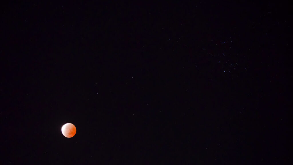 La Lune éclipsée et les Pléiades. // Source : Flickr/CC/Michael Borland (photo recadrée) La Lune éclipsée et les Pléiades. // Source : Flickr/CC/Michael Borland (photo recadrée)
