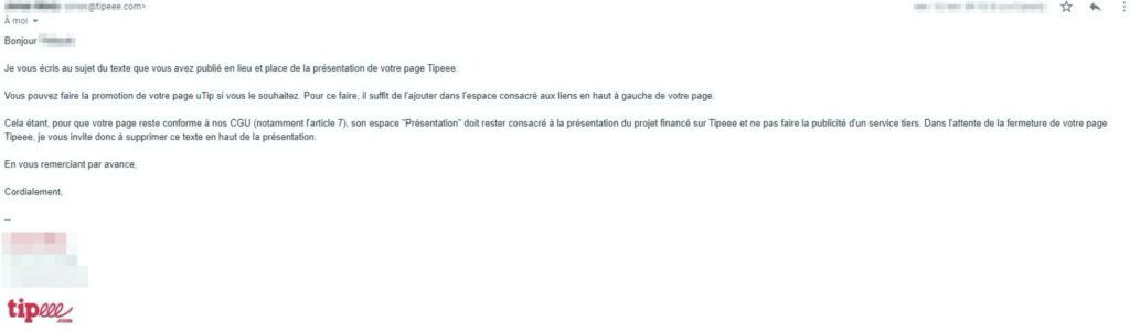 Le mail de Tipeee envoyé à des utilisateurs de la plateforme // Source : Numerama Le mail de Tipeee envoyé à des utilisateurs de la plateforme // Source : Numerama