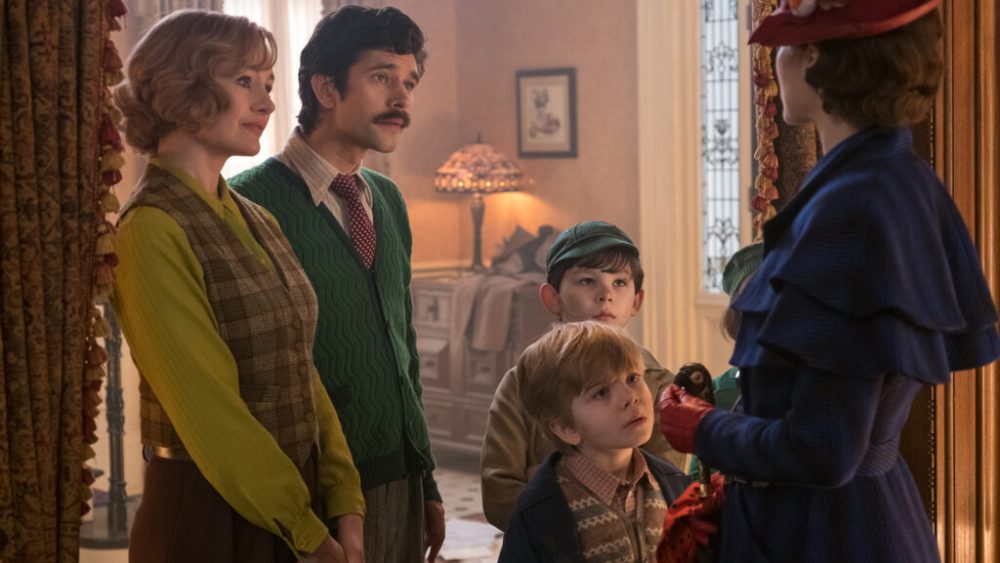 Jane (Emily Mortimer), Michael (Ben Whishaw), John (Nathanael Saleh) and Georgie (Joel Dawson) greet Mary Poppins (Emily Blunt) upon her return to the Banks' home in Disney's original musical MARY POPPINS RETURNS, a sequel to the 1964 MARY POPPINS which takes audiences on an entirely new adventure with the practically perfect nanny and the Banks family.. Jane (Emily Mortimer), Michael (Ben Whishaw), John (Nathanael Saleh) and Georgie (Joel Dawson) greet Mary Poppins (Emily Blunt) upon her return to the Banks' home in Disney's original musical MARY POPPINS RETURNS, a sequel to the 1964 MARY POPPINS which takes audiences on an entirely new adventure with the practically perfect nanny and the Banks family..