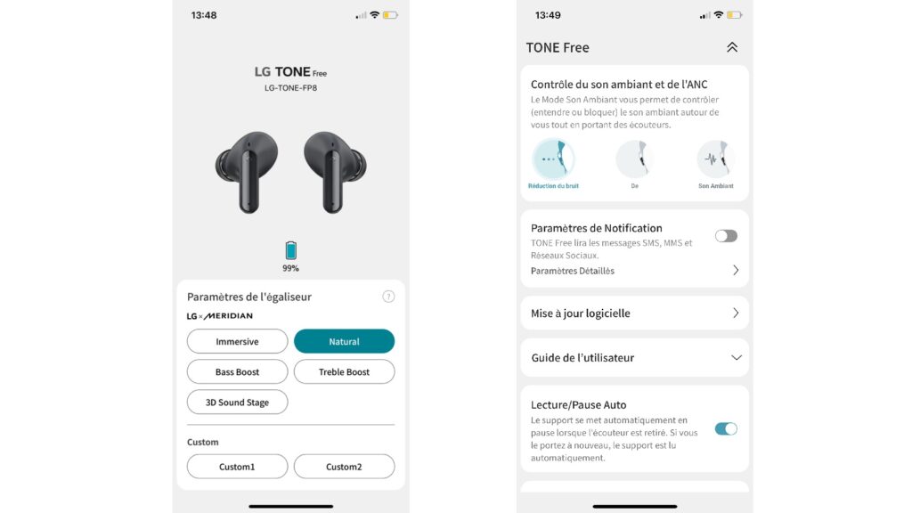 L'application des écouteurs LG Tone Free FP8  // Source : Maxime Claudel pour Numerama