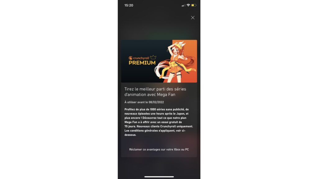 75 jours d'essai à Crunchyroll grâce au Xbox Game Pass Ultimate // Source : Capture d'écran 75 jours d'essai à Crunchyroll grâce au Xbox Game Pass Ultimate // Source : Capture d'écran