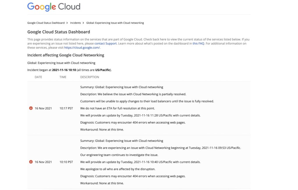 Le status Google Cloud Networking ce 16 novembre 2021 // Source : Google Le status Google Cloud Networking ce 16 novembre 2021 // Source : Google
