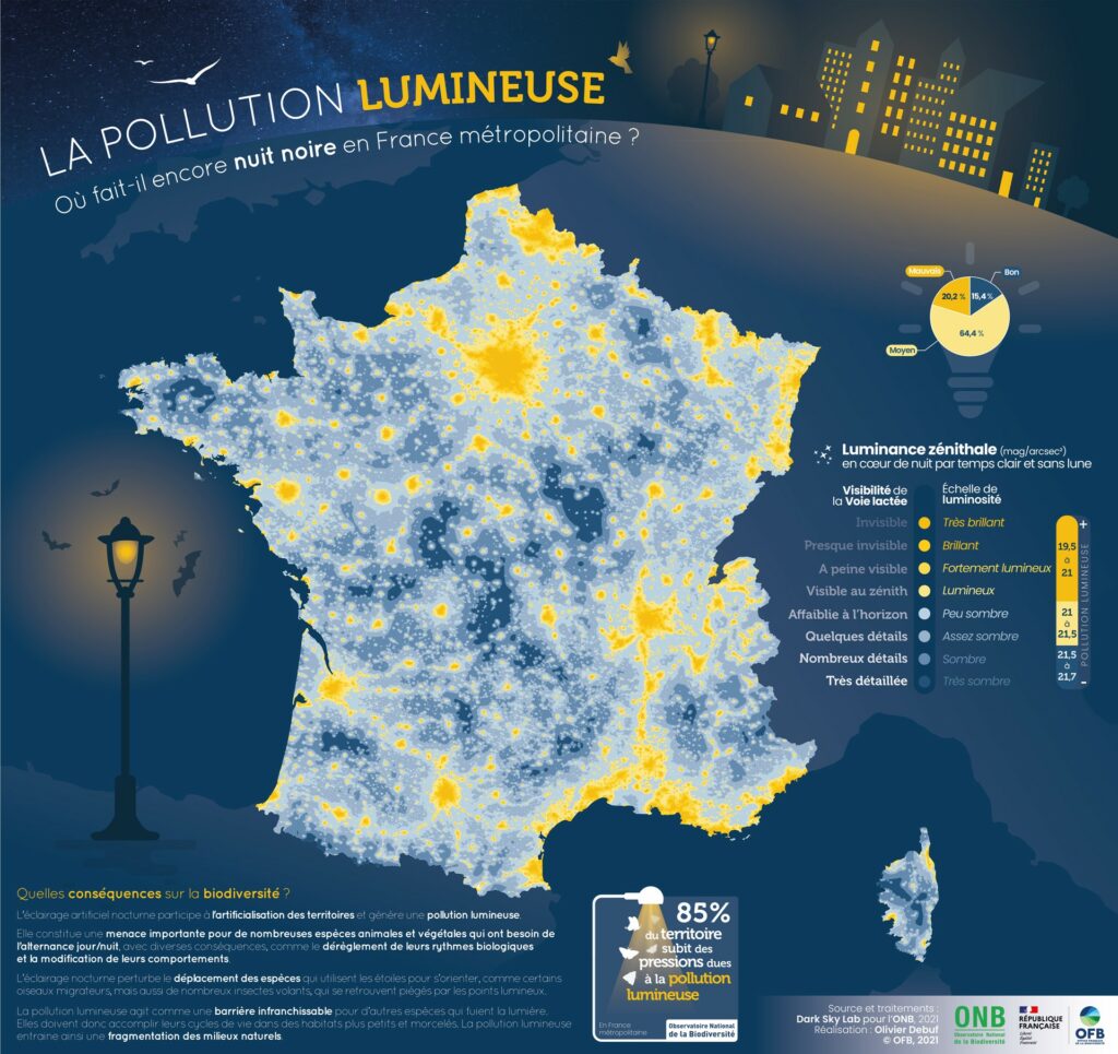 Carte de France de la pollution lumineuse. // Source : FranceNature/OFB/Olivier Debuf Carte de France de la pollution lumineuse. // Source : FranceNature/OFB/Olivier Debuf