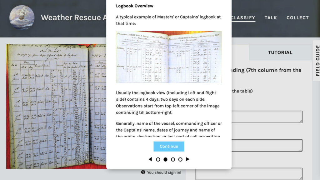 Un tutoriel vous guide pour repérer les données à enregistrer. // Source : Weather Rescue at Sea Un tutoriel vous guide pour repérer les données à enregistrer. // Source : Weather Rescue at Sea