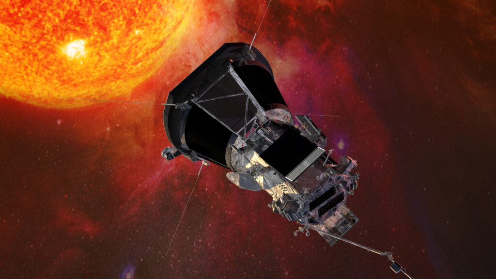 Vue d'artiste de la sonde solaire Parker. // Source : Johns Hopkins University Applied Physics Laboratory (image recadrée)