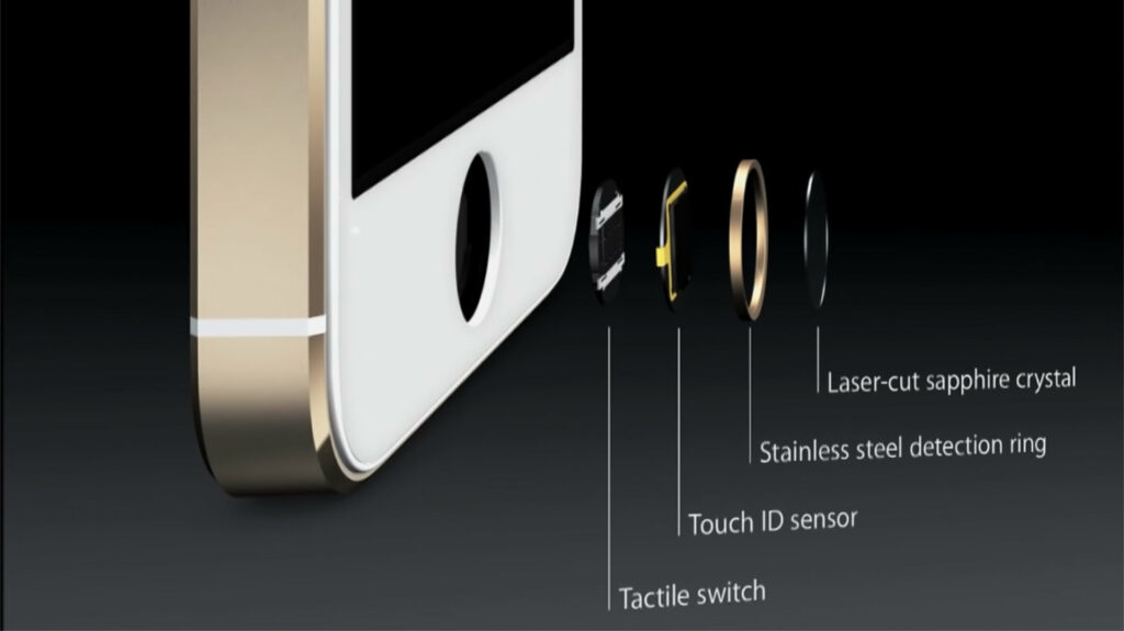 Vue éclatée du capteur d'empreintes de l'iPhone 5S // Source : Apple Vue éclatée du capteur d'empreintes de l'iPhone 5S // Source : Apple