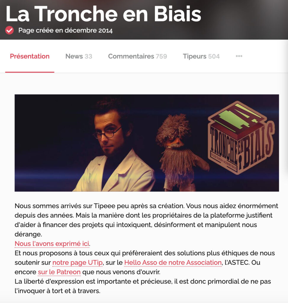 La page Tipeee de la chaîne La Tronche en Biais affiche un message explicatif sur uTip // Source : Capture d'écran Numerama / Tipeee La page Tipeee de la chaîne La Tronche en Biais affiche un message explicatif sur uTip // Source : Capture d'écran Numerama / Tipeee
